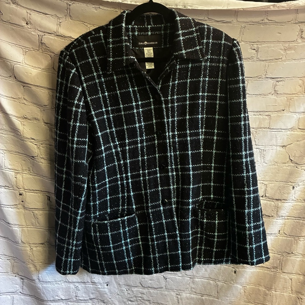 Sag Harbor Jacket Shimmer Black Teal Tweed Plaid Academia Preppy‎ Feminine Sz 18